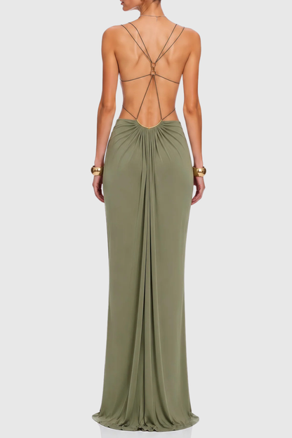 Kaori Cutout Backless Ruched Maxi Dress - Green