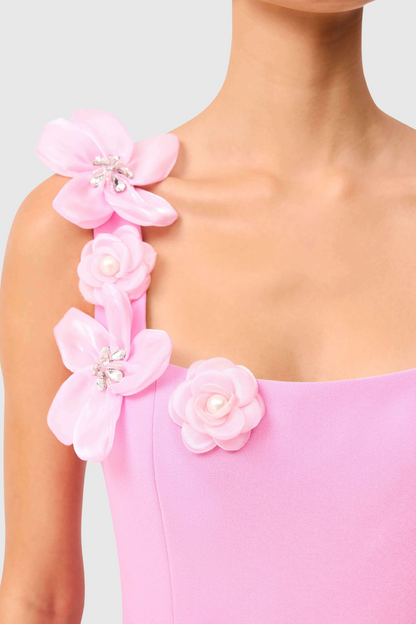 Kaprisha Floral Appliqué Embellished Midi Dress - Pink