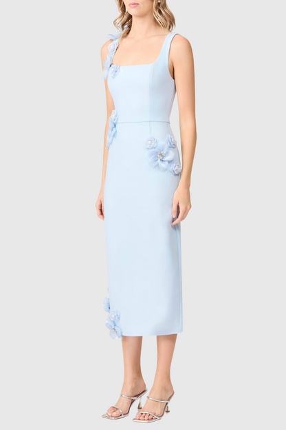 Kaprisha Floral Appliqué Embellished Midi Dress - Blue