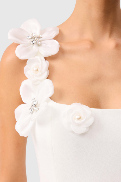 Kaprisha Floral Appliqué Embellished Midi Dress - White