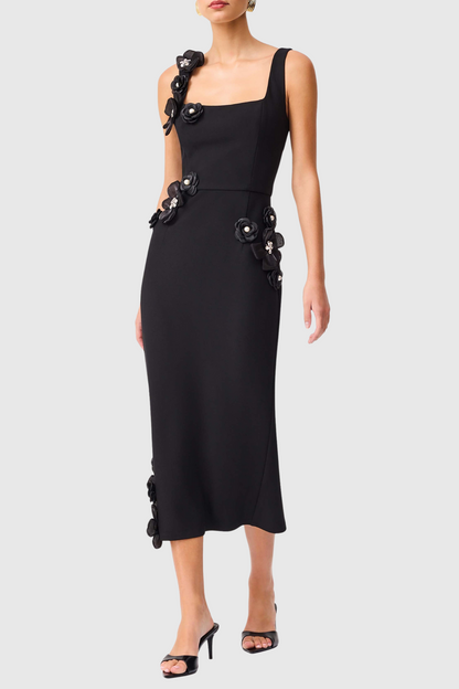 Kaprisha Floral Appliqué Embellished Midi Dress - Black
