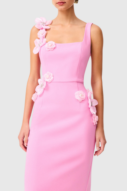 Kaprisha Floral Appliqué Embellished Midi Dress - Pink