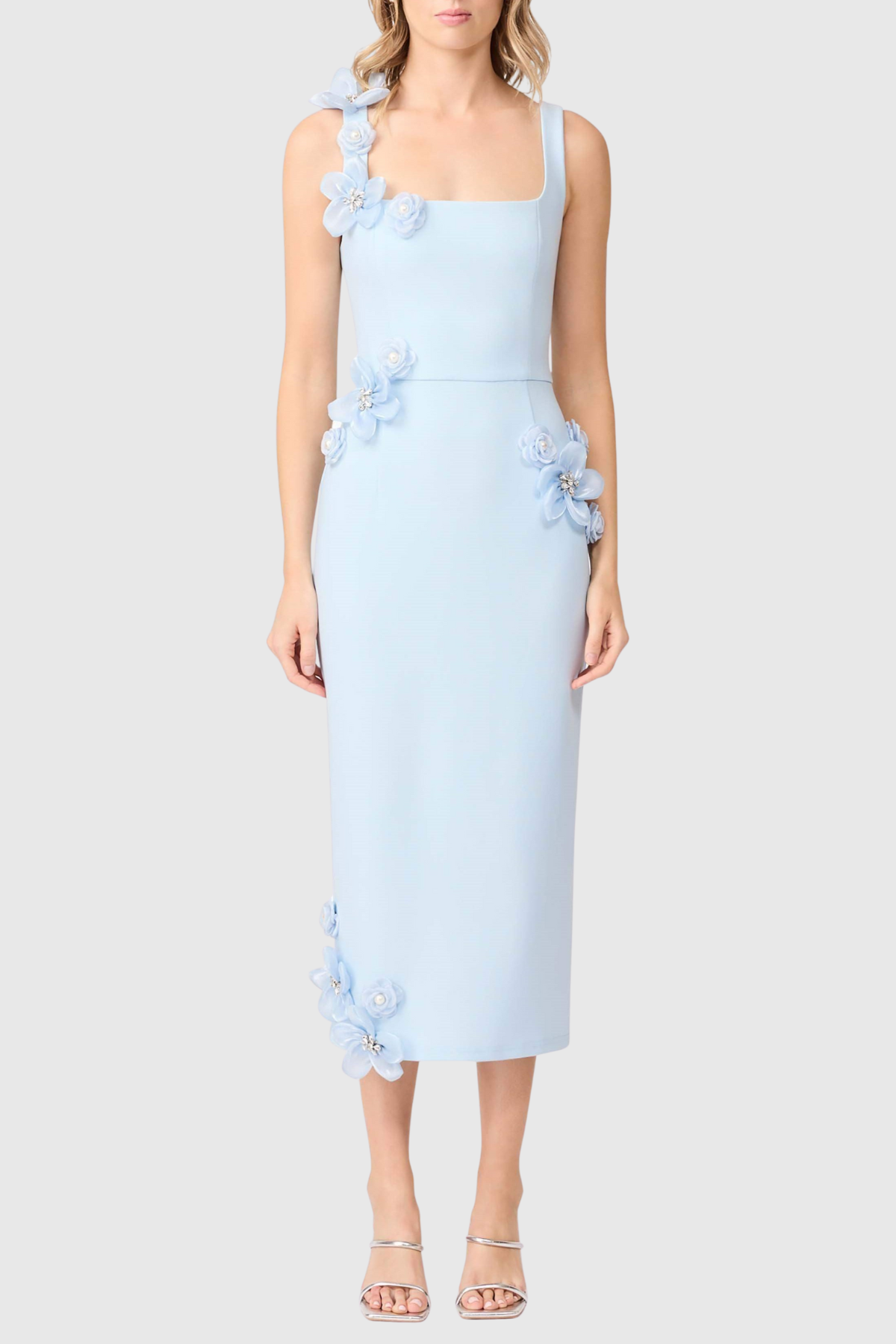 Kaprisha Floral Appliqué Embellished Midi Dress - Blue