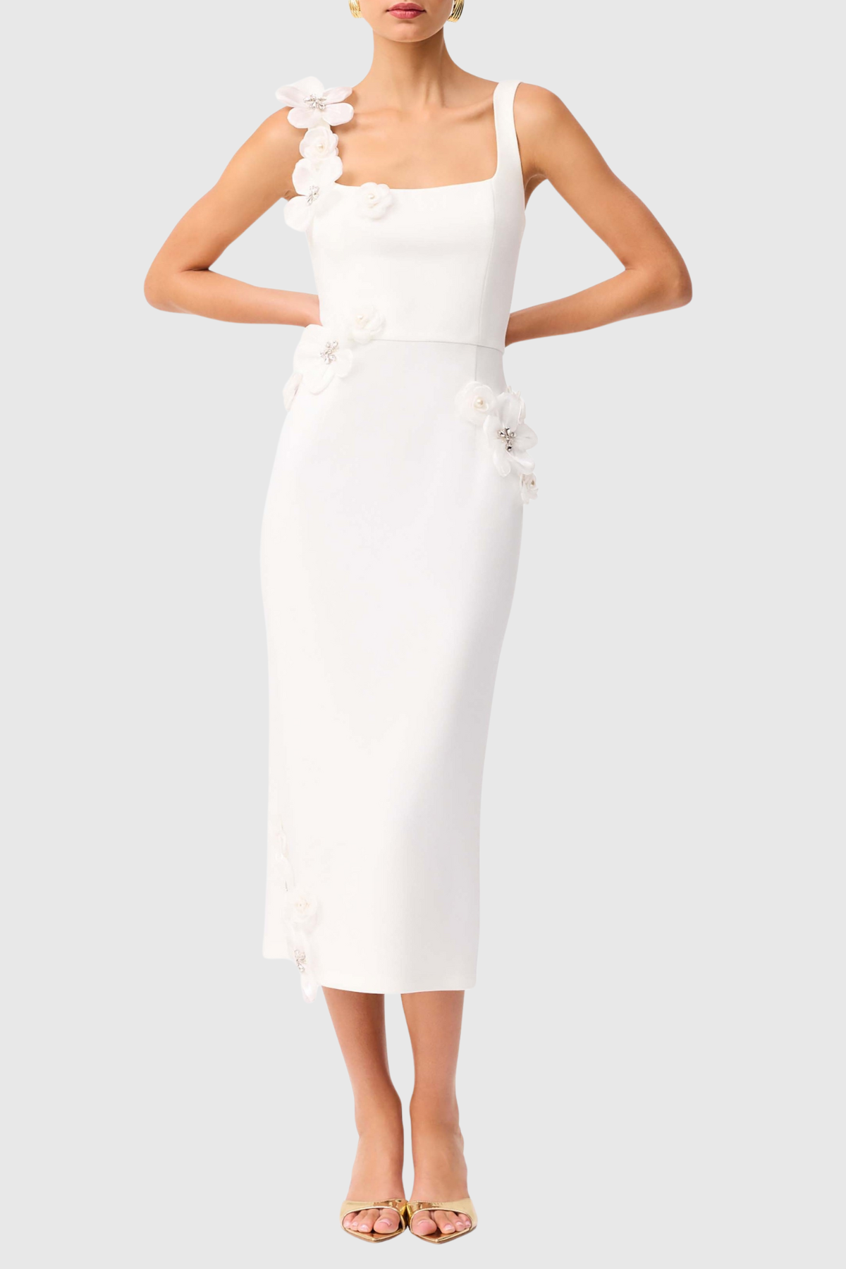 Kaprisha Floral Appliqué Embellished Midi Dress - White