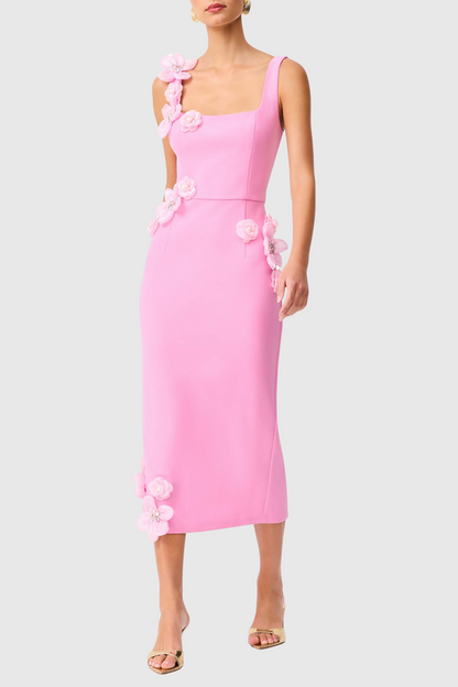 Kaprisha Floral Appliqué Embellished Midi Dress - Pink