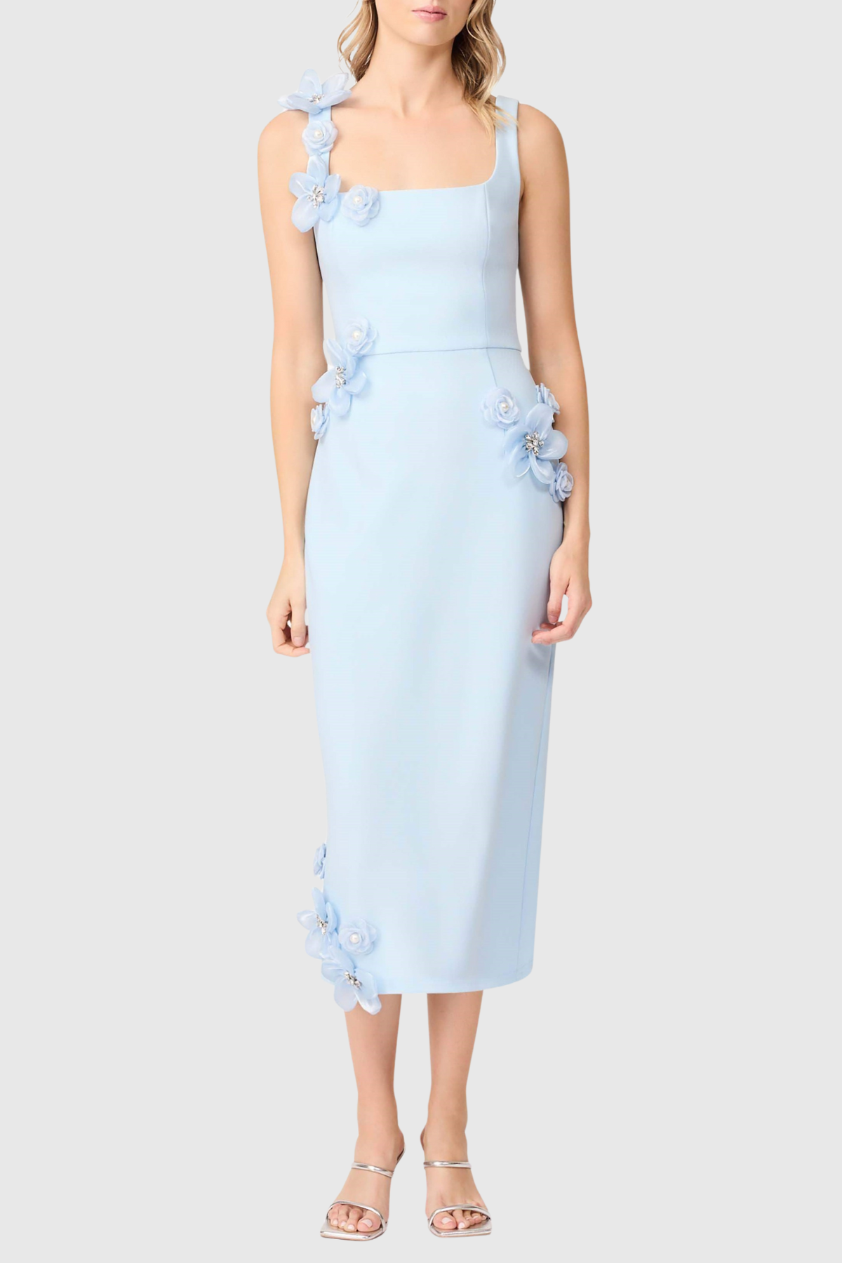 Kaprisha Floral Appliqué Embellished Midi Dress - Blue
