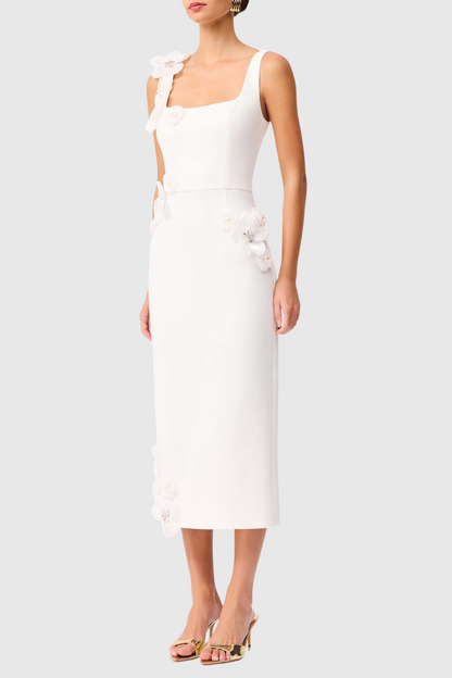 Kaprisha Floral Appliqué Embellished Midi Dress - White