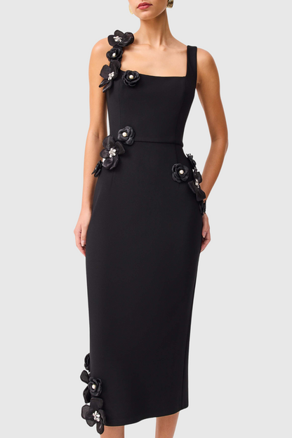 Kaprisha Floral Appliqué Embellished Midi Dress - Black