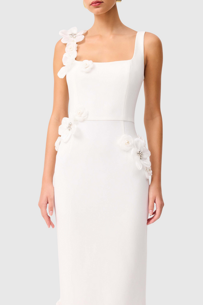 Kaprisha Floral Appliqué Embellished Midi Dress - White