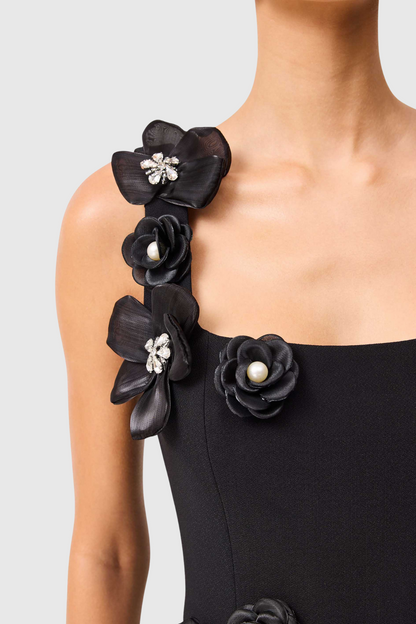 Kaprisha Floral Appliqué Embellished Midi Dress - Black