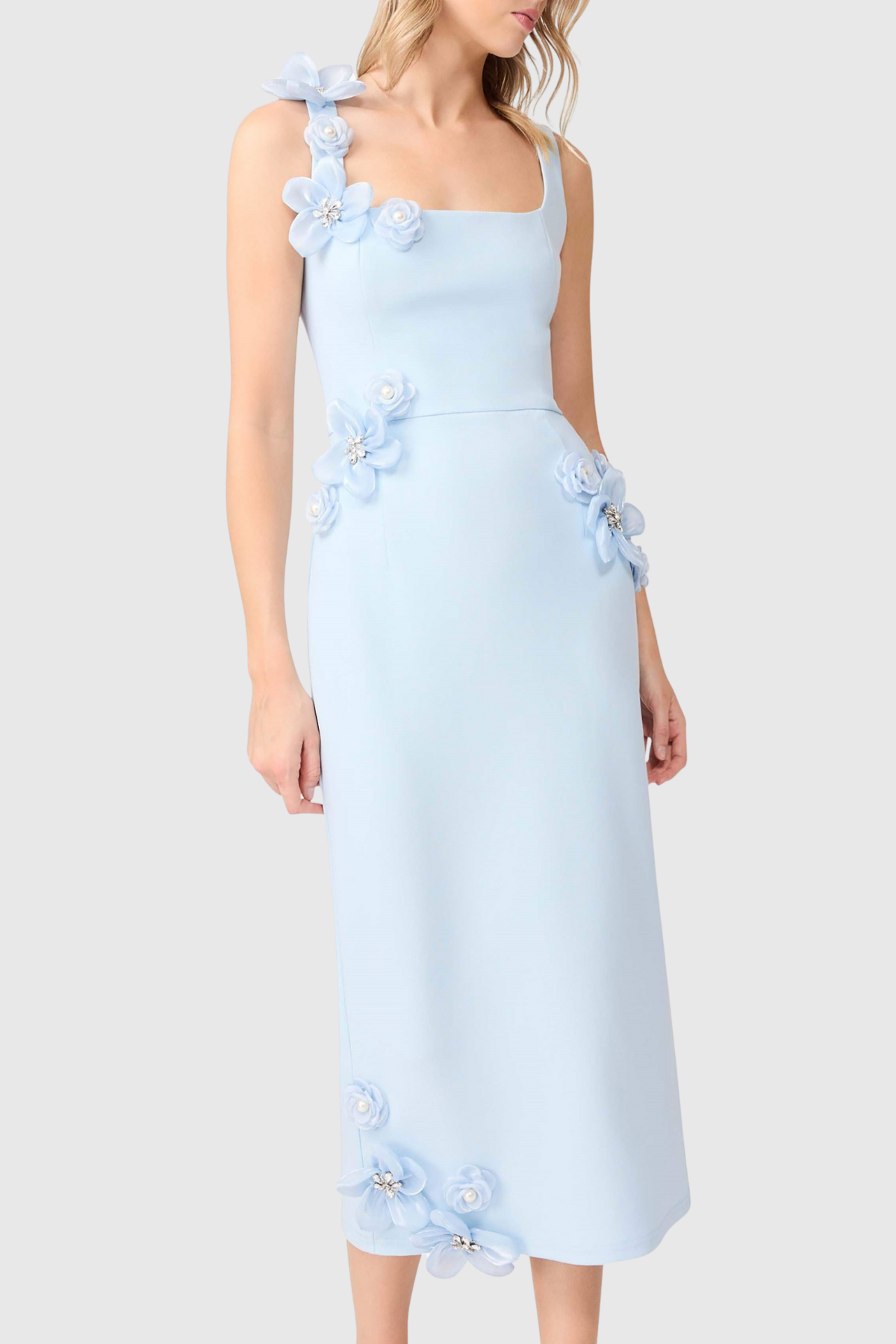 Kaprisha Floral Appliqué Embellished Midi Dress - Blue