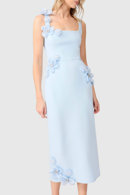 Kaprisha Floral Appliqué Embellished Midi Dress - Blue