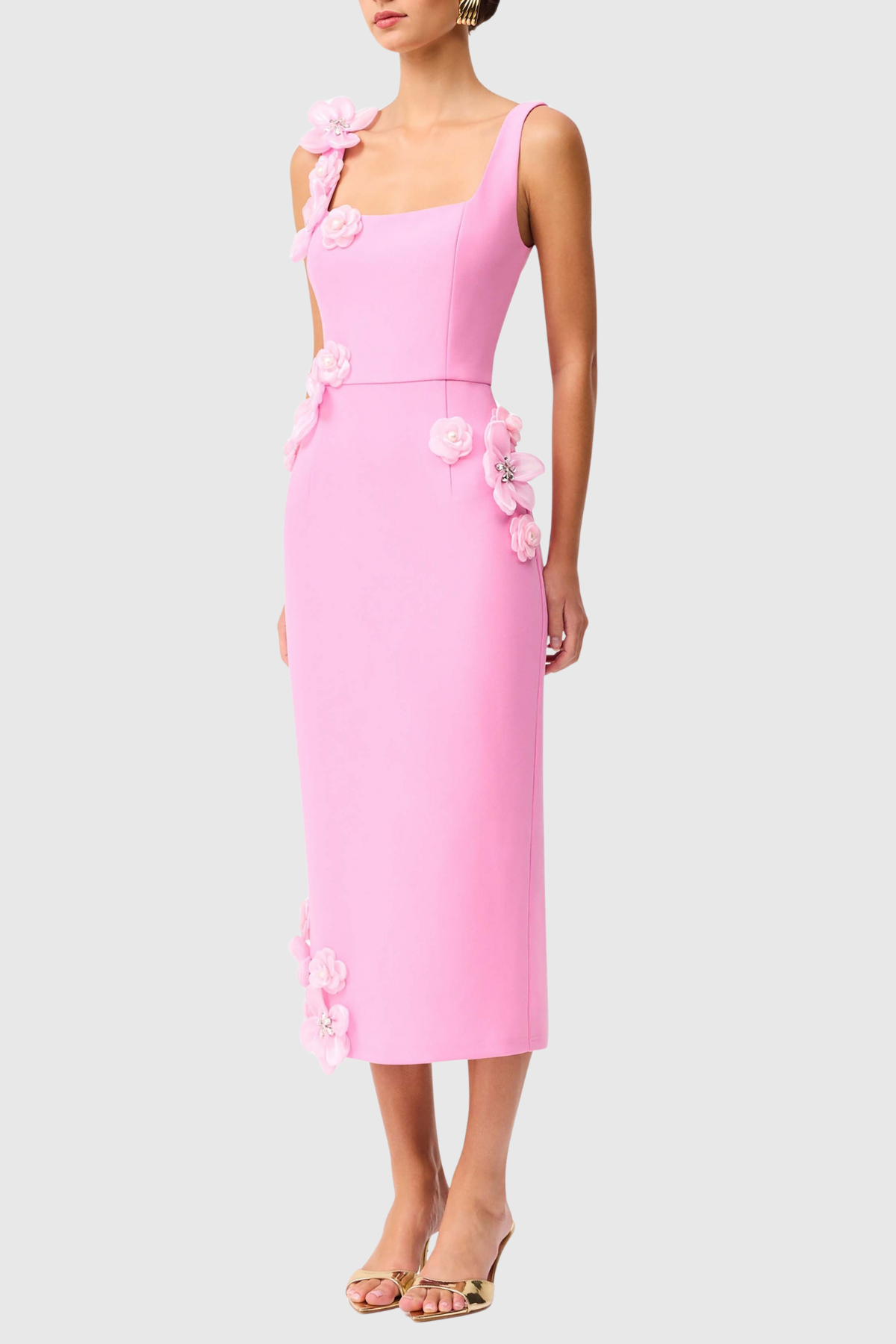 Kaprisha Floral Appliqué Embellished Midi Dress - Pink