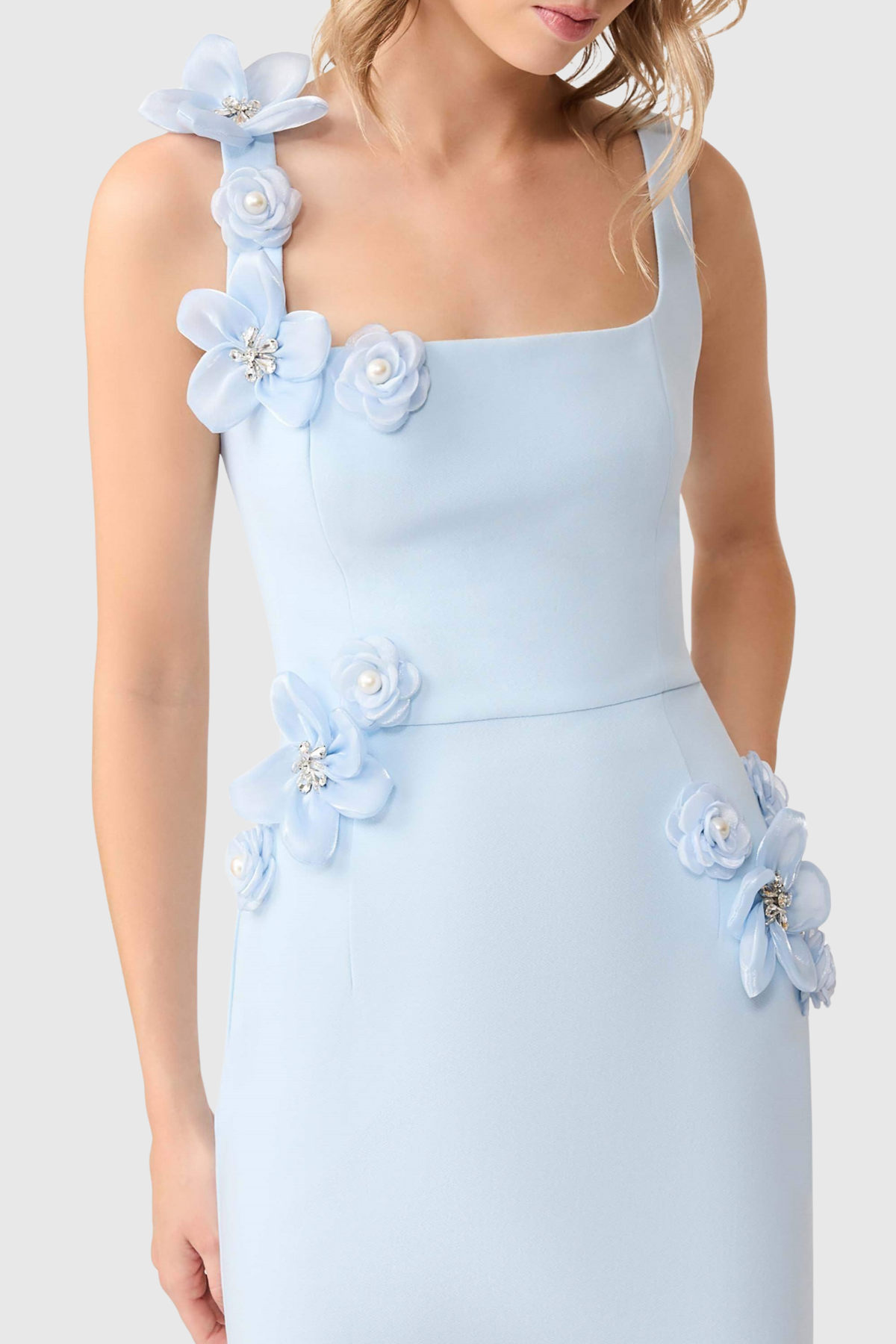 Kaprisha Floral Appliqué Embellished Midi Dress - Blue