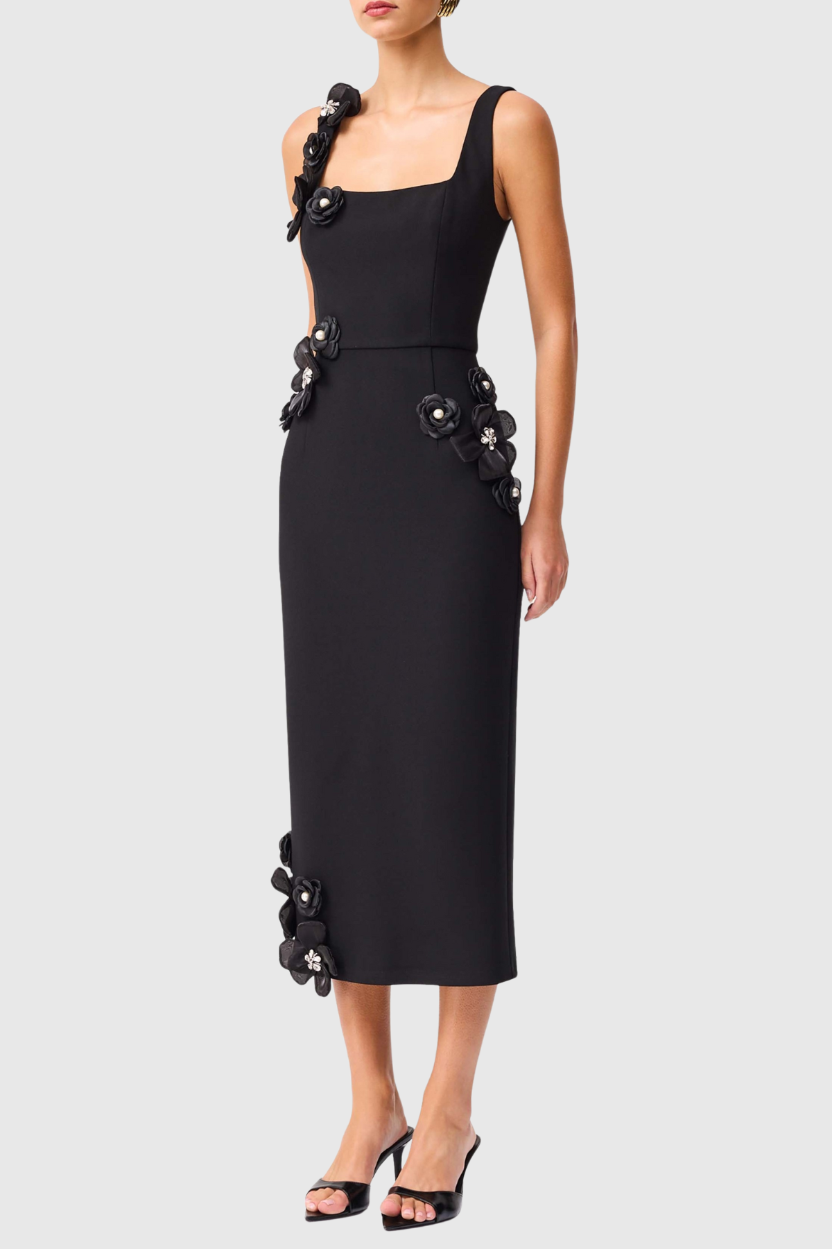 Kaprisha Floral Appliqué Embellished Midi Dress - Black