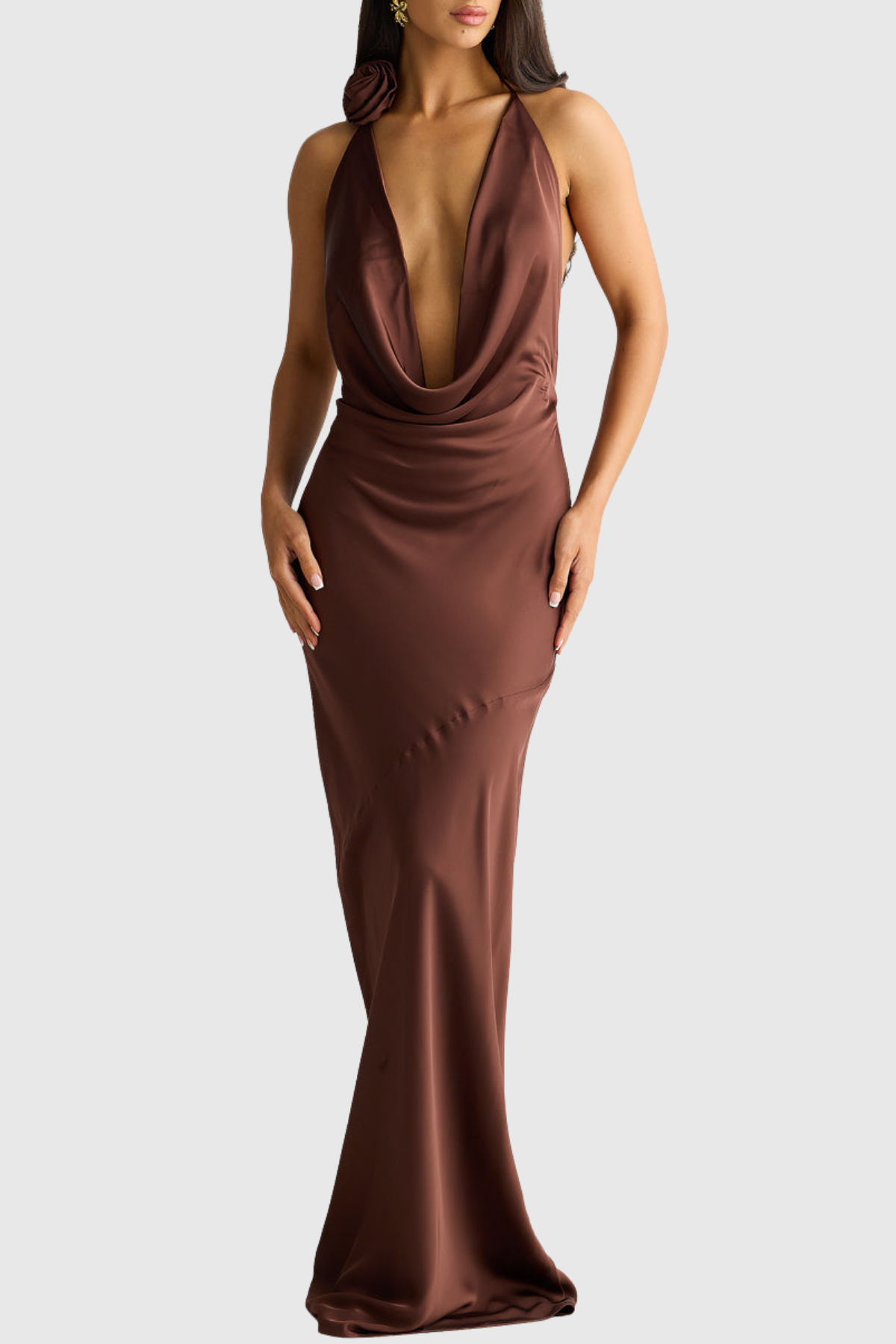Karya Floral Plunge Satin Maxi Dress - Brown