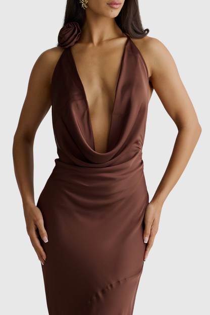 Karya Floral Plunge Satin Maxi Dress - Brown