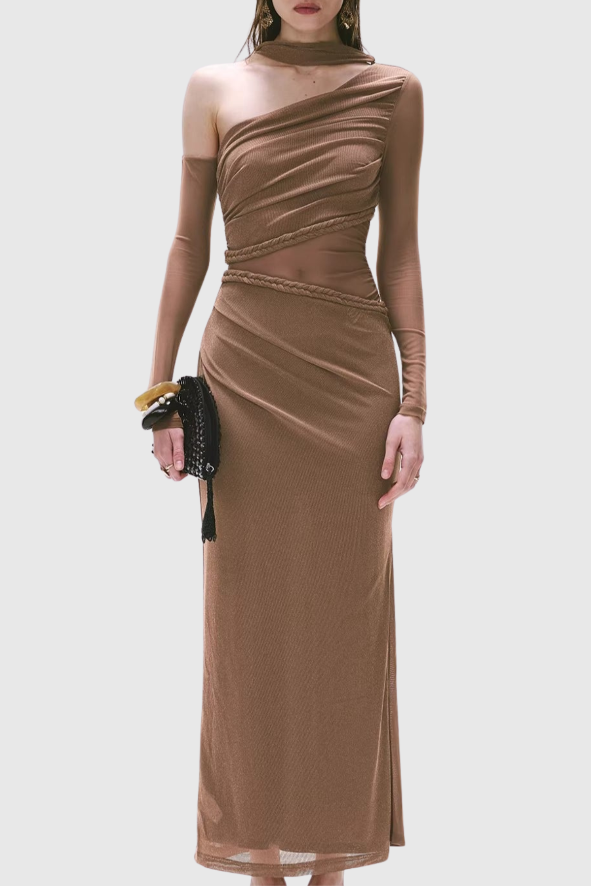 Kasey Asymmetric Rope Mesh Maxi Dress