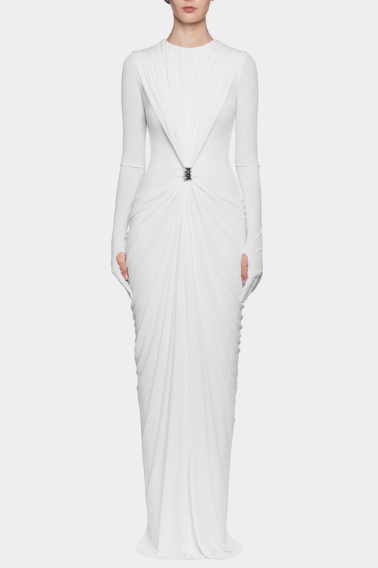 Kasha Metal Embellished Draped Maxi Dress - White
