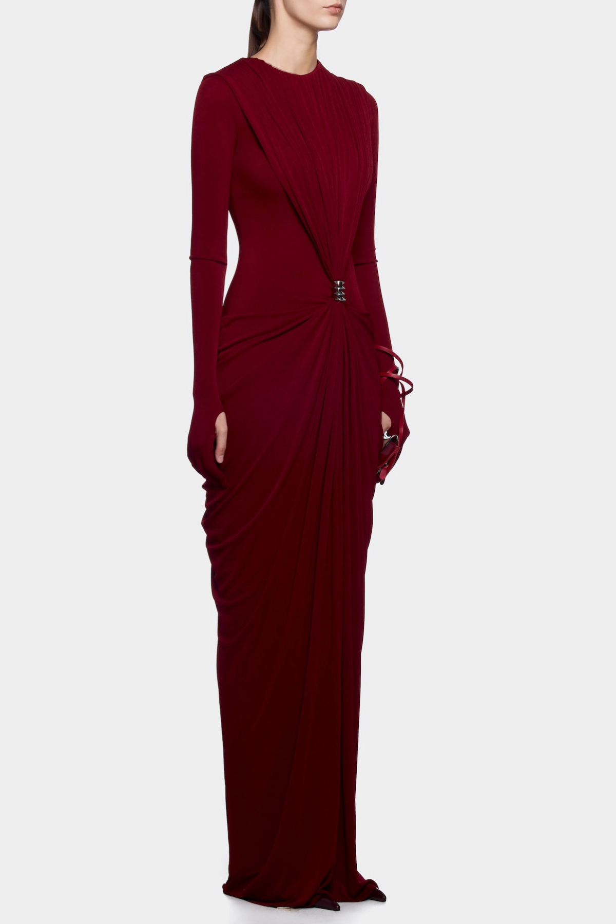 Kasha Metal Embellished Draped Maxi Dress - Wine