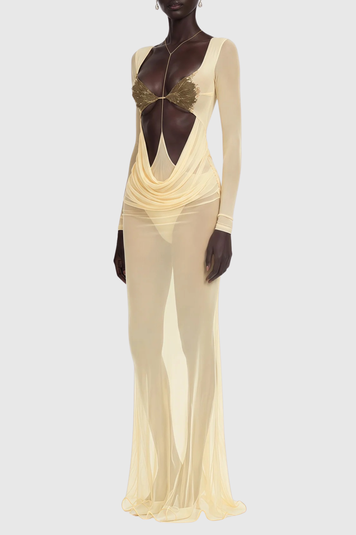 Kataria Cutout Semi-Sheer Draped Maxi Dress