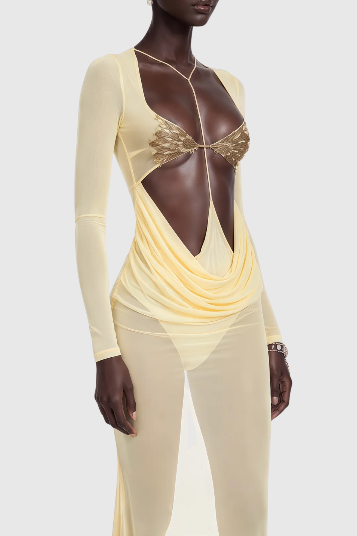 Kataria Cutout Semi-Sheer Draped Maxi Dress