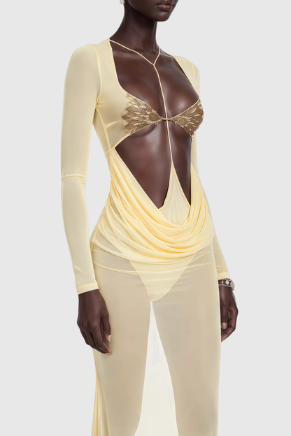 Kataria Cutout Semi-Sheer Draped Maxi Dress