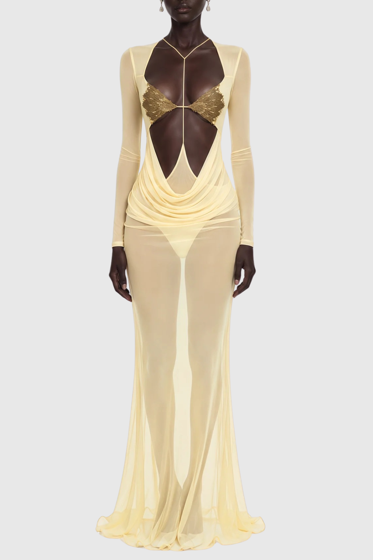 Kataria Cutout Semi-Sheer Draped Maxi Dress