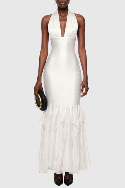 Kelene Halter Fringe Maxi Dress - White