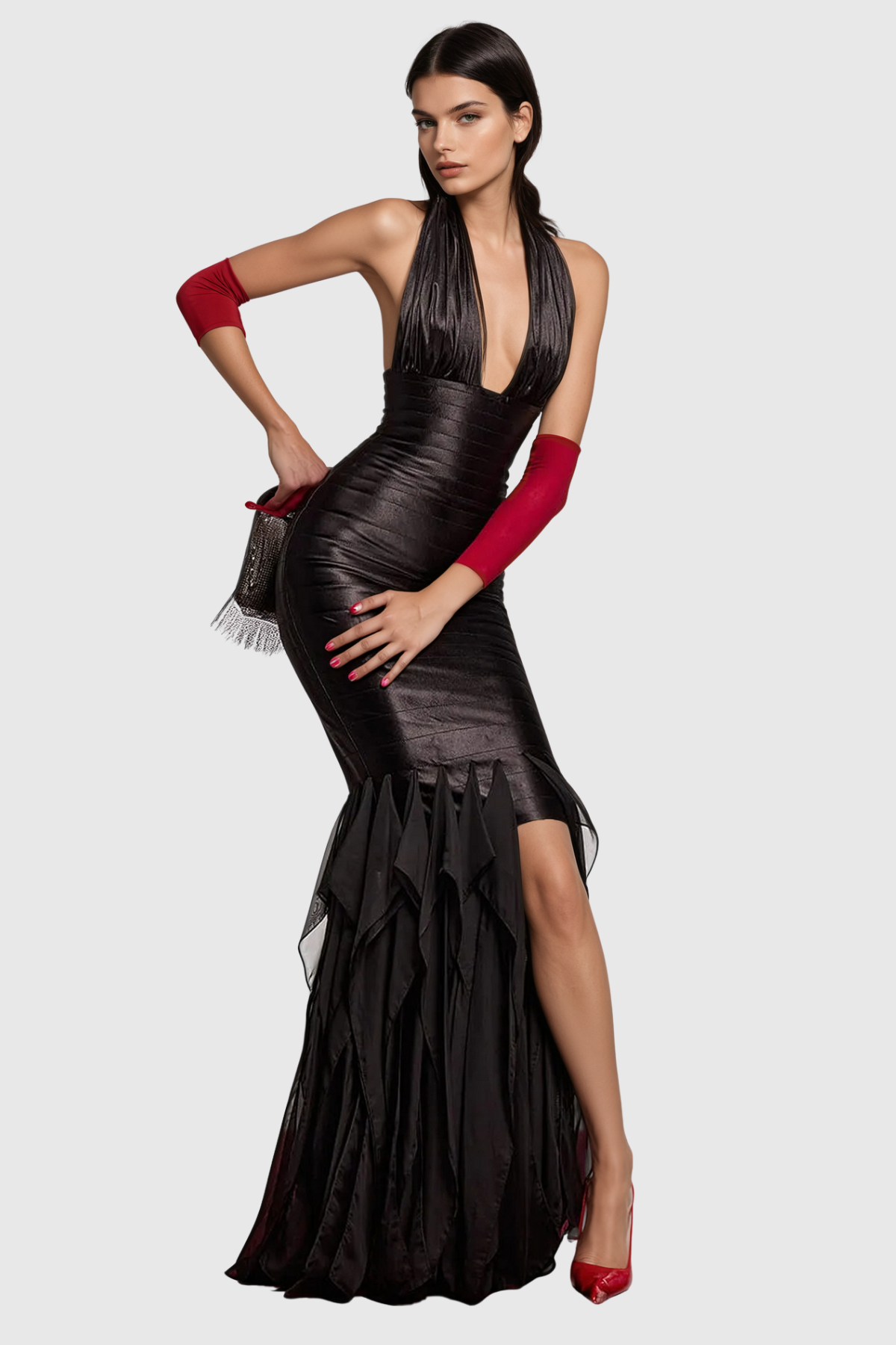 Kelene Halter Fringe Maxi Dress - Black