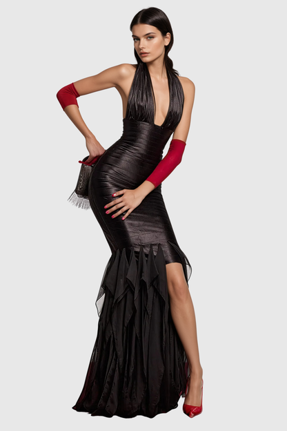Kelene Halter Fringe Maxi Dress - Black