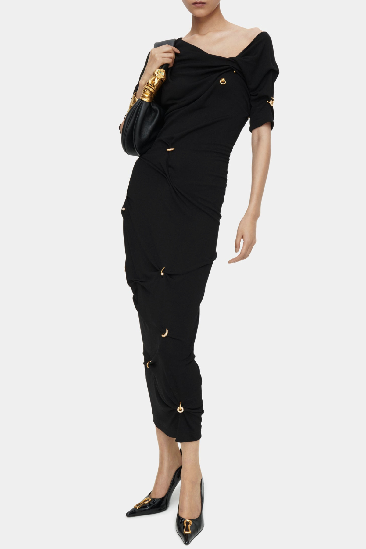 Kenjra Ruched Piercings Midi Dress - Black
