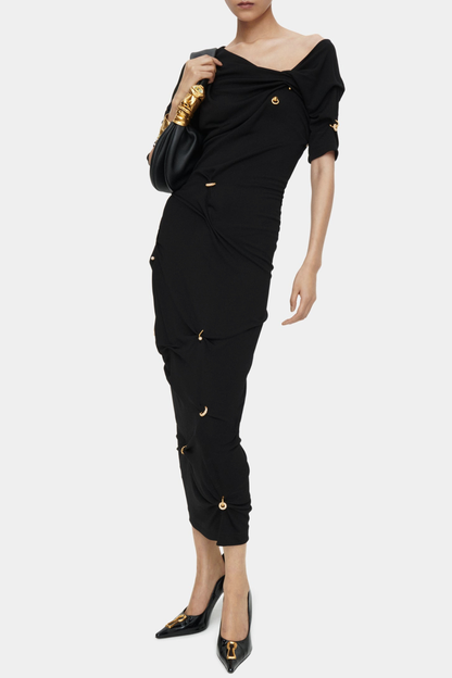 Kenjra Ruched Piercings Midi Dress - Black