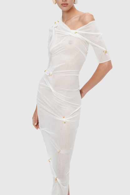 Kenjra Ruched Piercings Midi Dress - White