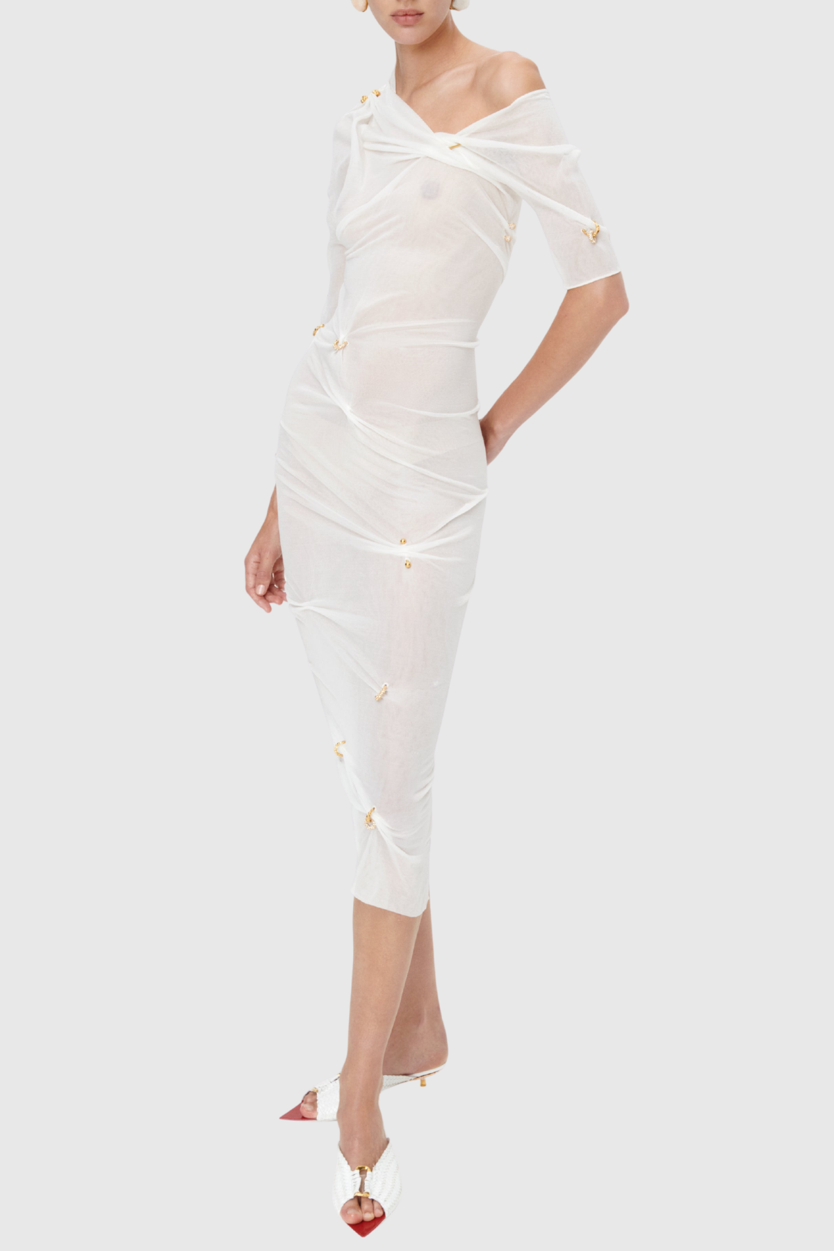 Kenjra Ruched Piercings Midi Dress - White