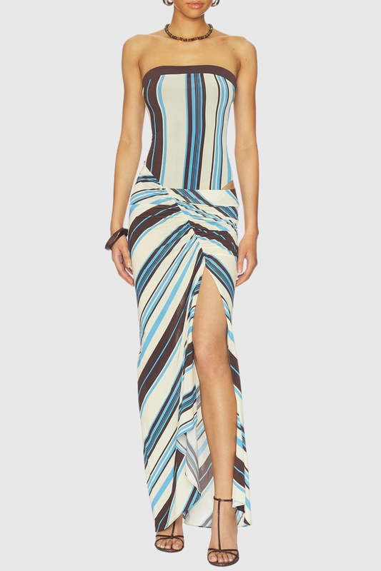 Kennedia Strapless Stripe Slit Maxi Dress