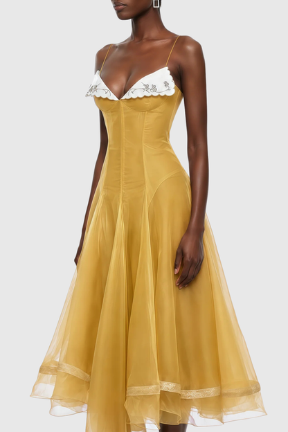 Keoni Embroidered Flared Midi Dress - Yellow