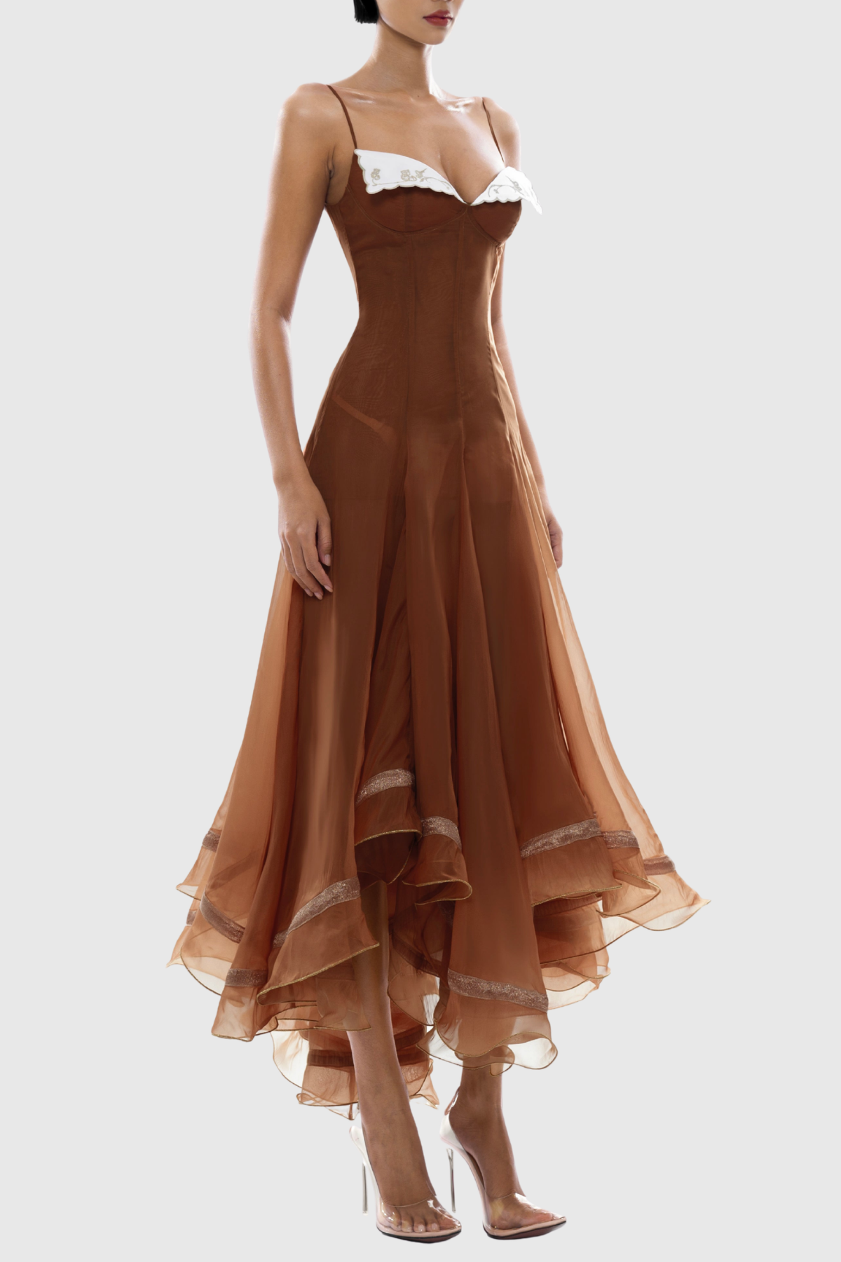 Keoni Embroidered Flared Midi Dress - Brown