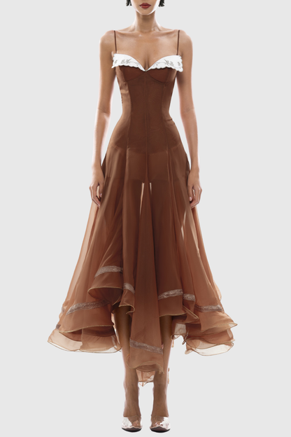 Keoni Embroidered Flared Midi Dress - Brown