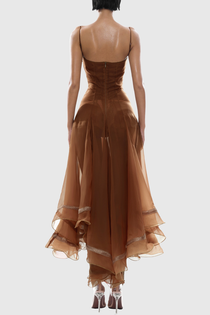 Keoni Embroidered Flared Midi Dress - Brown