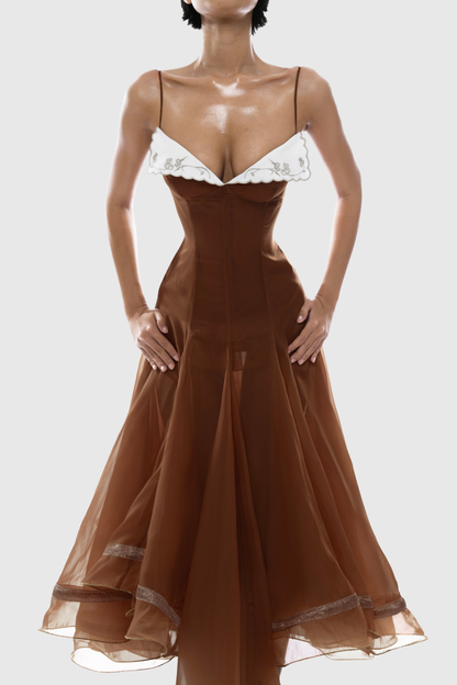 Keoni Embroidered Flared Midi Dress - Brown