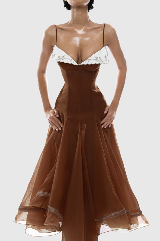 Keoni Embroidered Flared Midi Dress - Brown