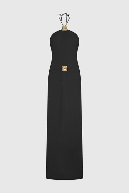Kesar Halted Metal Embellished Maxi Dress - Black