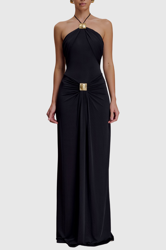 Kesar Halted Metal Embellished Maxi Dress - Black