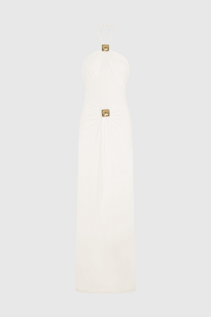 Kesar Halted Metal Embellished Maxi Dress - White