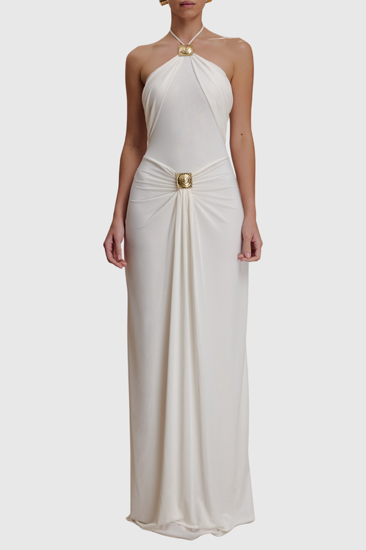 Kesar Halted Metal Embellished Maxi Dress - White