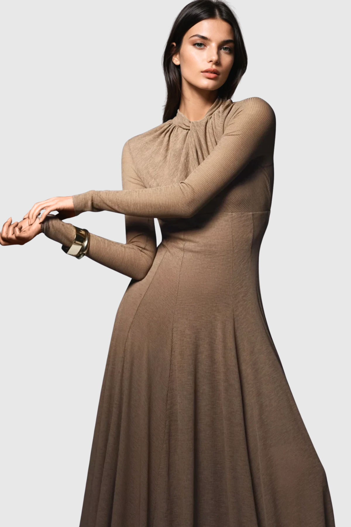 Khadia Twist Long Sleeve Maxi Dress - Khaki