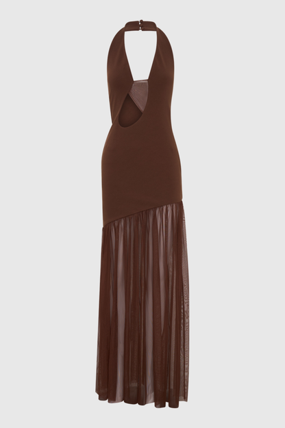 Kimba Halter Cutout Mesh Maxi Dress -  Chocolate