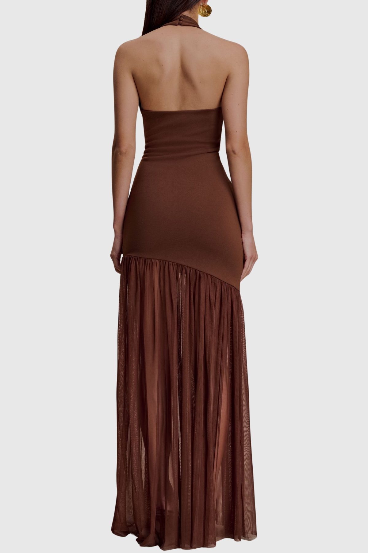 Kimba Halter Cutout Mesh Maxi Dress -  Chocolate
