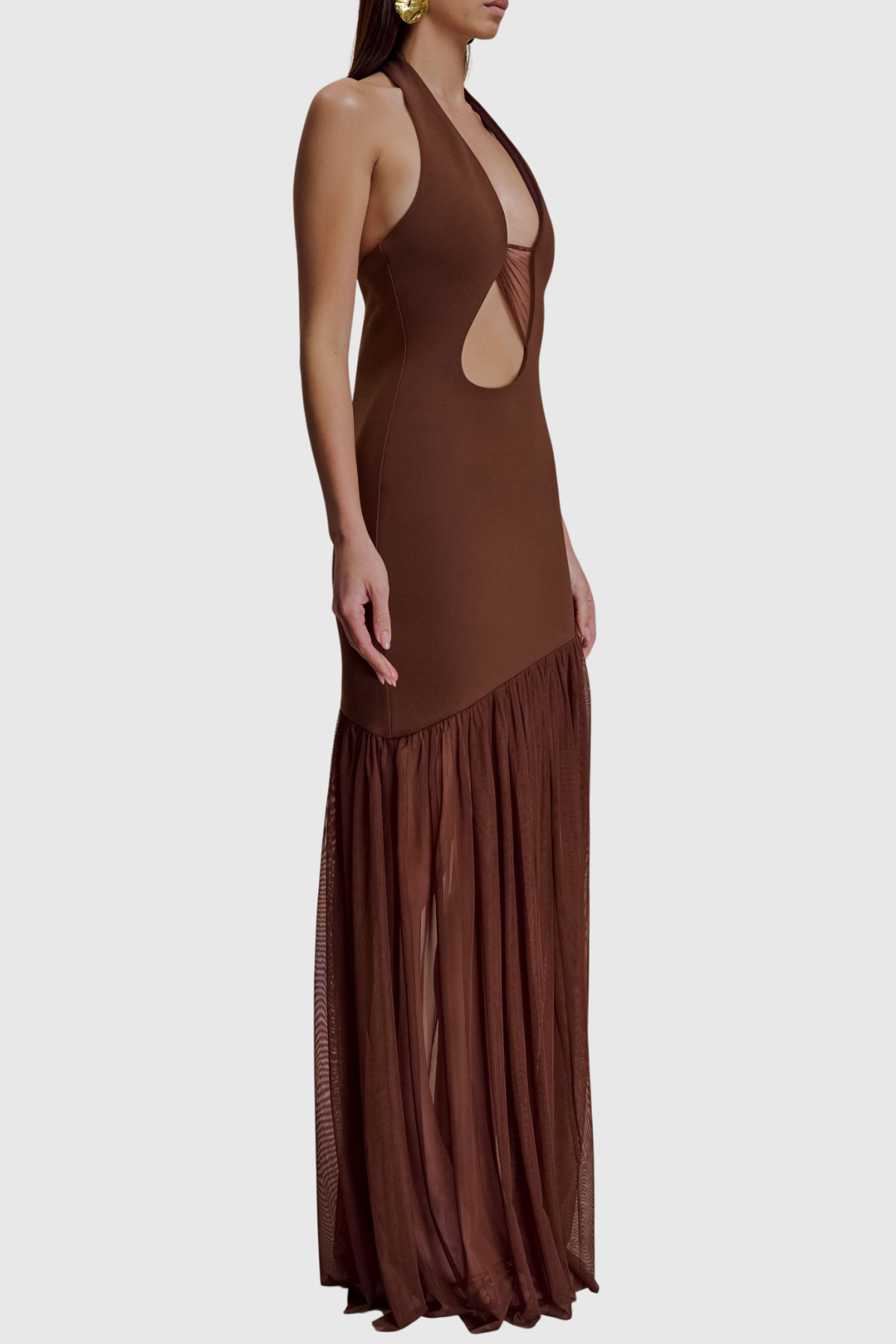 Kimba Halter Cutout Mesh Maxi Dress -  Chocolate